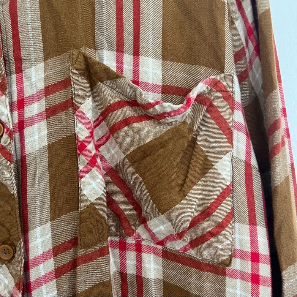 Time & Tru Plaid Long Sleeve Brown Button Front Collared Top Women’s Size XXL - Picture 4 of 10